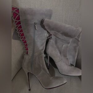 Grey suede over the knee lace up boots
